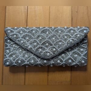 Elegant Silver Beaded Clutch